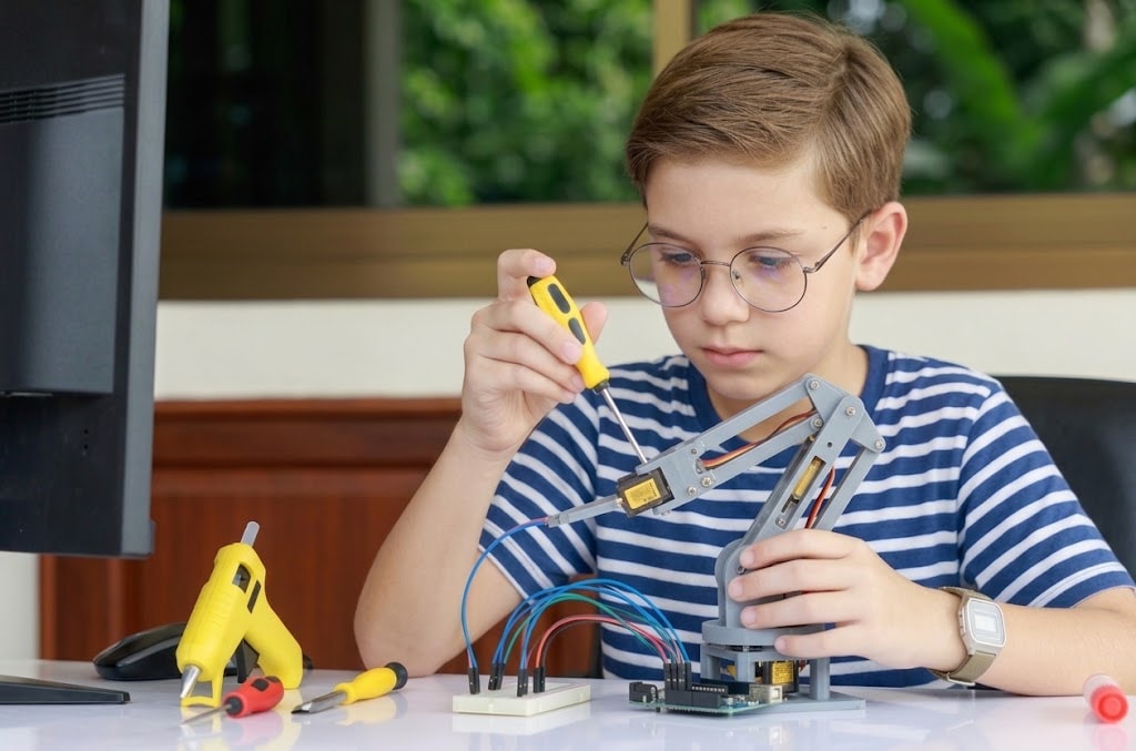 A student building a robot at ROBOX