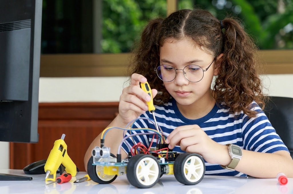 A student building a robot at ROBOX