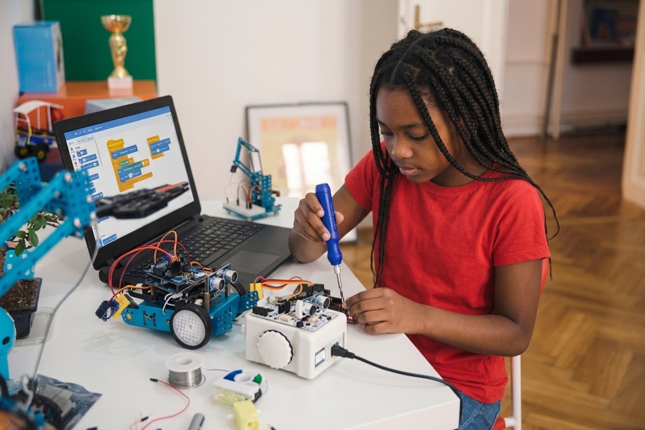 A student building a robot at ROBOX